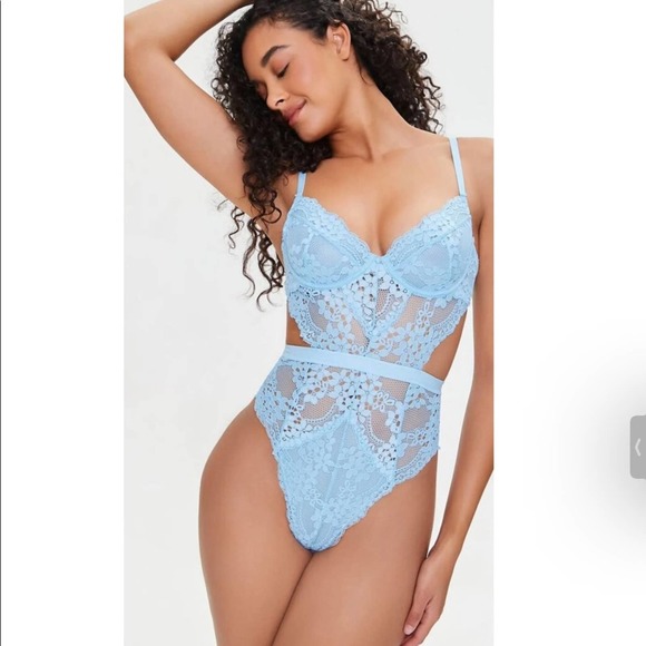 Forever 21 Other - NEW Forever 21 Sky Blue Sheer Lace Lingerie Bodysuit Thong